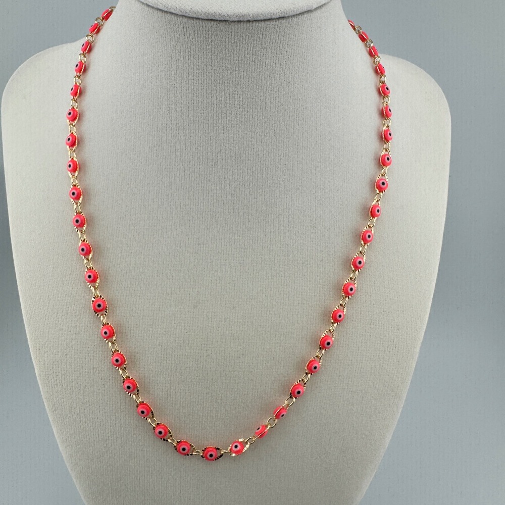 Pink Evil Eye Bead Necklace Gold Tone Turkish Nazar Protection Jewelry Chain
